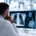 Profissional de saúde analisando imagem digital de radiografia do tórax em ambiente clínico, sem textos ou elementos legíveis