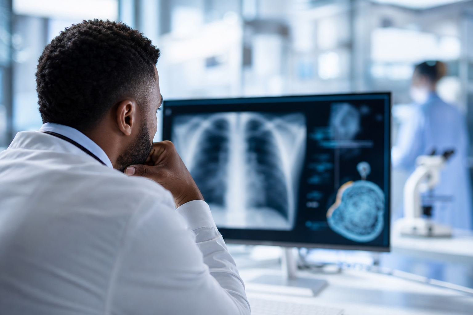 Profissional de saúde analisando imagem digital de radiografia do tórax em ambiente clínico, sem textos ou elementos legíveis
