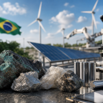 Ilustração editorial de minerais estratégicos, componentes tecnológicos e infraestrutura industrial brasileira, sem textos ou logotipos