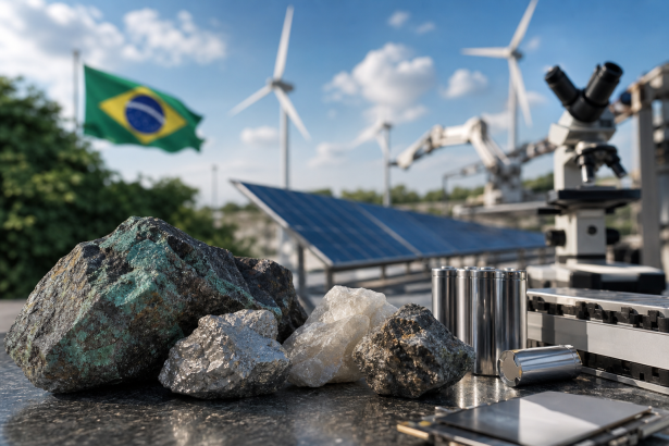 Ilustração editorial de minerais estratégicos, componentes tecnológicos e infraestrutura industrial brasileira, sem textos ou logotipos