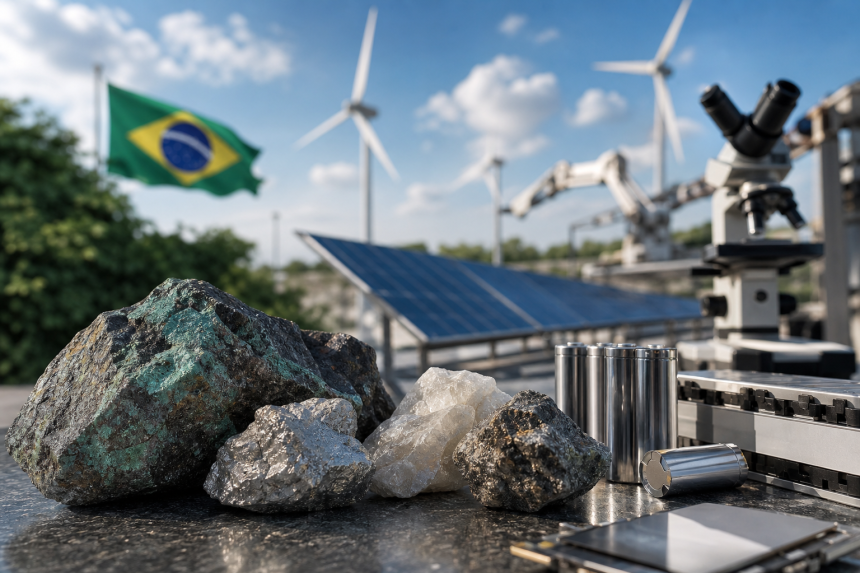 Ilustração editorial de minerais estratégicos, componentes tecnológicos e infraestrutura industrial brasileira, sem textos ou logotipos