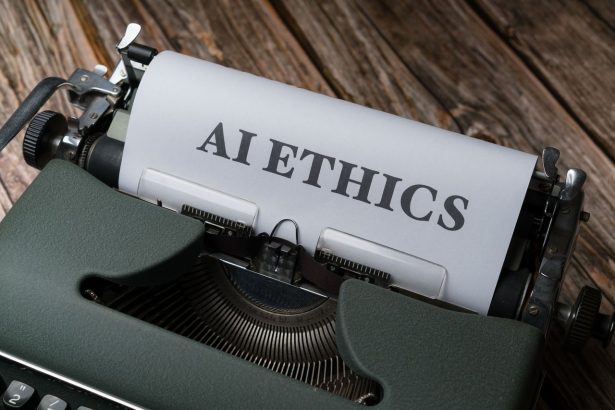 Máquina de escrever retrô com uma folha exibindo a expressão “AI Ethics” (ética em inteligência artificial).